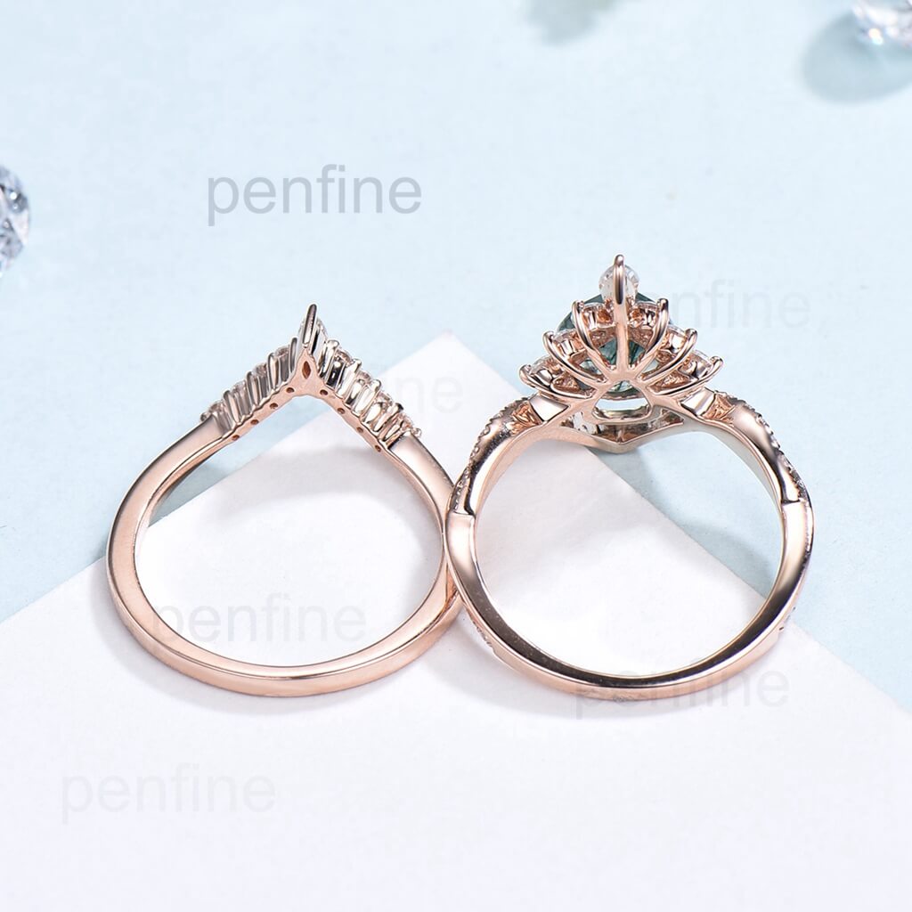 Vintage pear shaped moss agate engagement ring set art deco 14k rose gold twisted infinity moissanite ring for women wedding bridal ring set - PENFINE