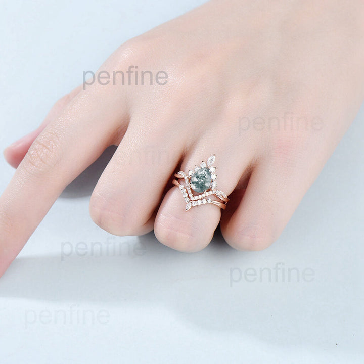 Vintage pear shaped moss agate engagement ring set art deco 14k rose gold twisted infinity moissanite ring for women wedding bridal ring set - PENFINE