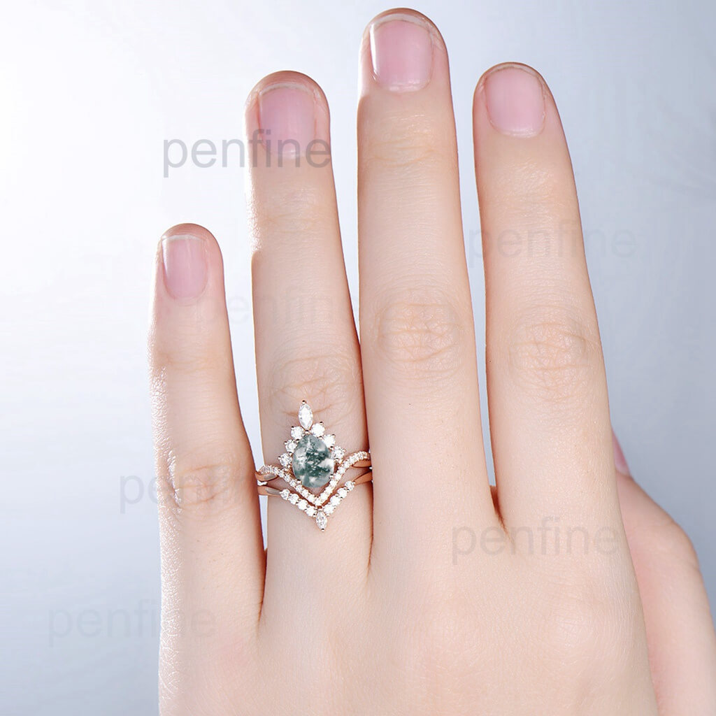 Vintage pear shaped moss agate engagement ring set art deco 14k rose gold twisted infinity moissanite ring for women wedding bridal ring set - PENFINE