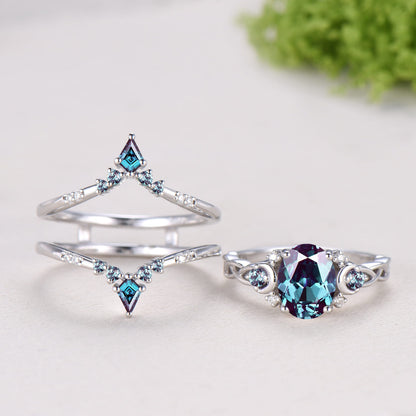 1.5CT Oval Alexandrite Engagement Ring Set Celtic Love Enhancer Band