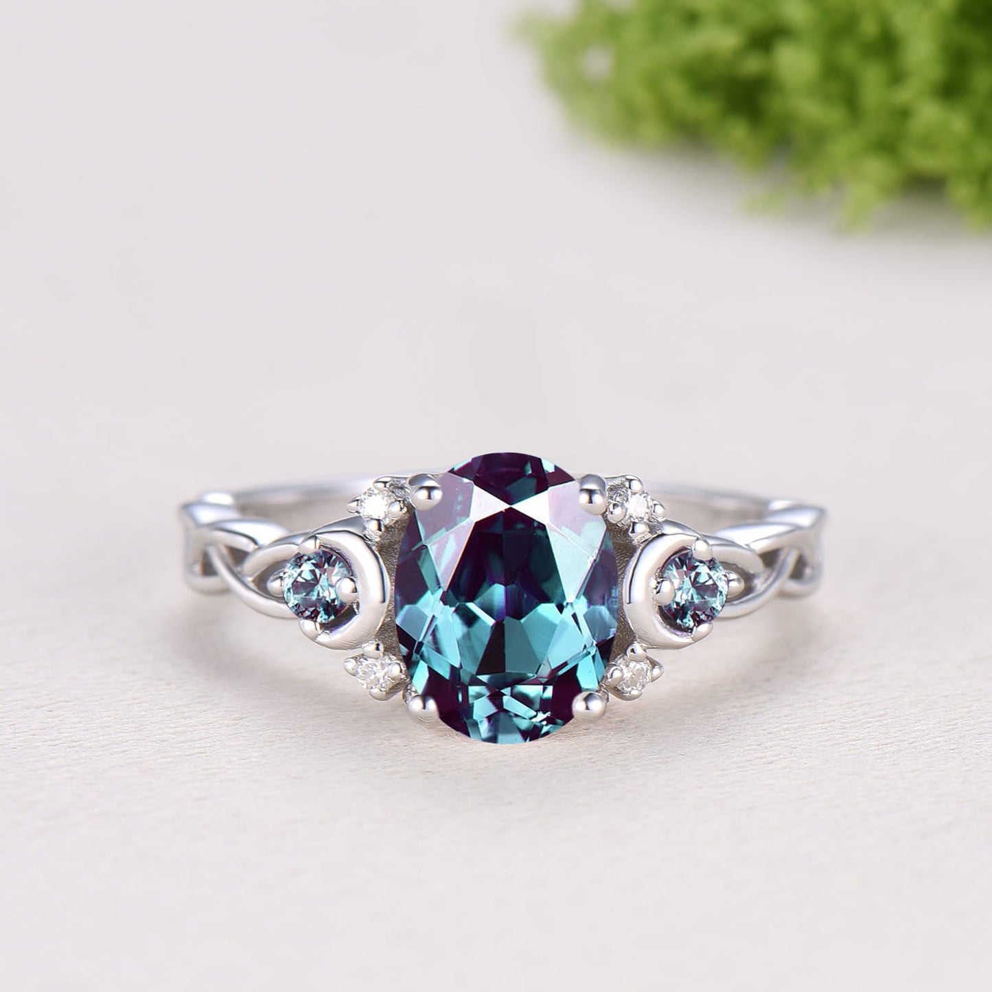 1.5CT Oval Alexandrite Engagement Ring Set Celtic Love Enhancer Band