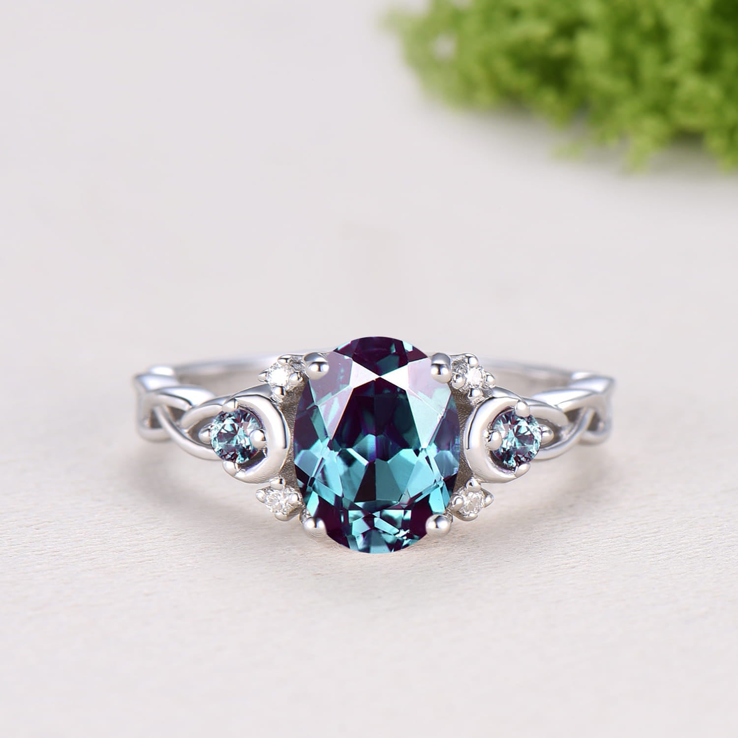 1.5CT Oval Alexandrite Engagement Ring Set Celtic Love Enhancer Band