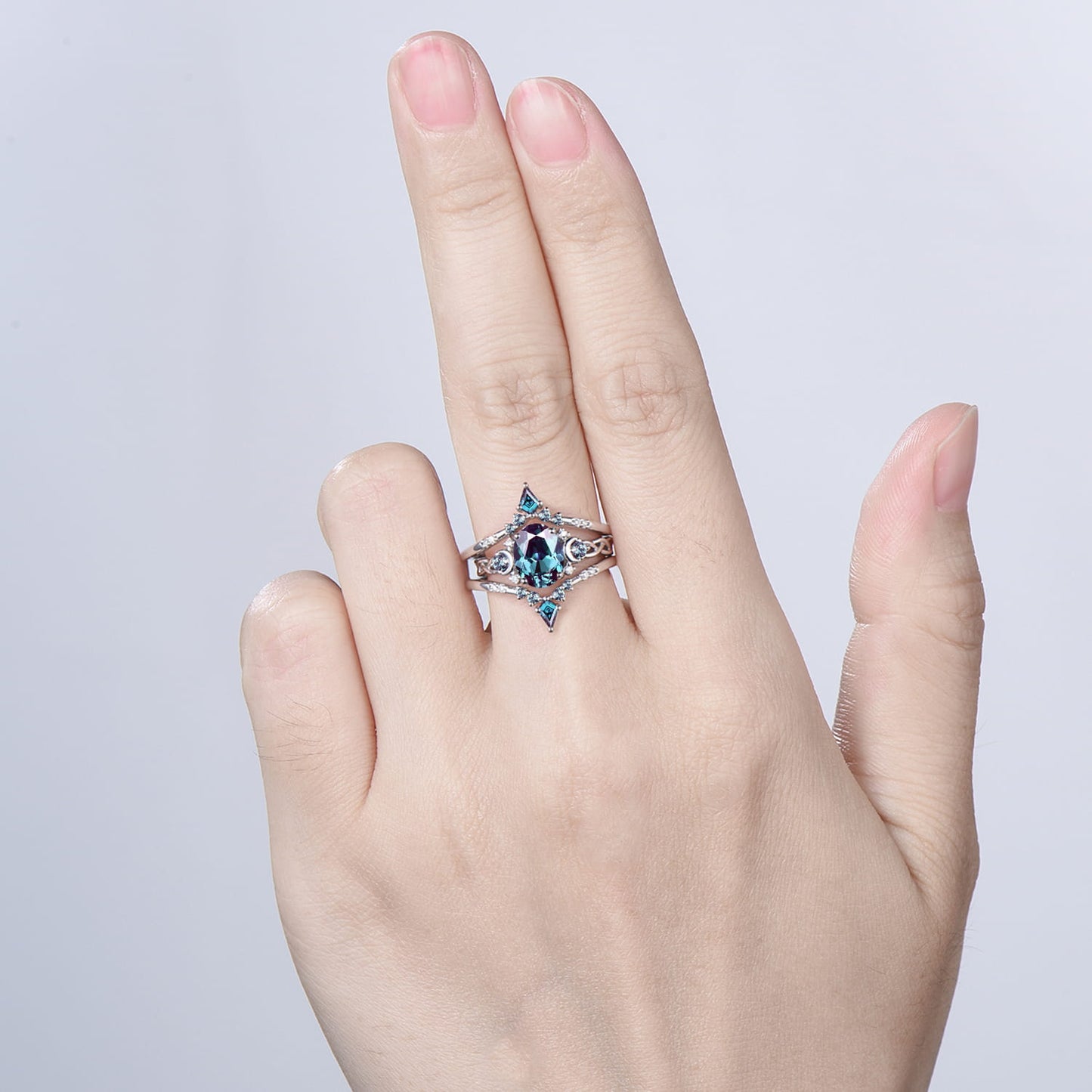 1.5CT Oval Alexandrite Engagement Ring Set Celtic Love Enhancer Band