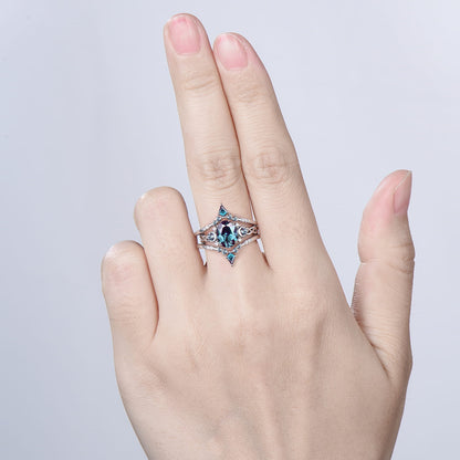 1.5CT Oval Alexandrite Engagement Ring Set Celtic Love Enhancer Band