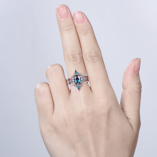 1.5CT Oval Alexandrite Engagement Ring Set Celtic Love Enhancer Band
