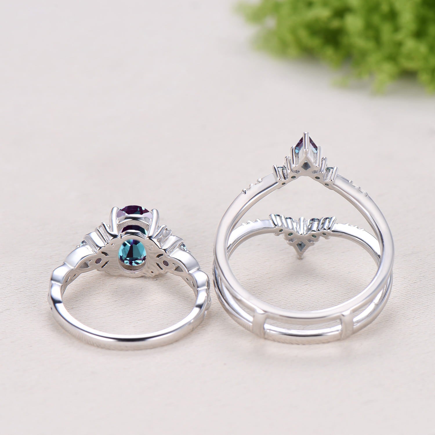 1.5CT Oval Alexandrite Engagement Ring Set Celtic Love Enhancer Band