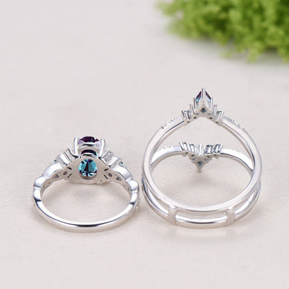 1.5CT Oval Alexandrite Engagement Ring Set Celtic Love Enhancer Band