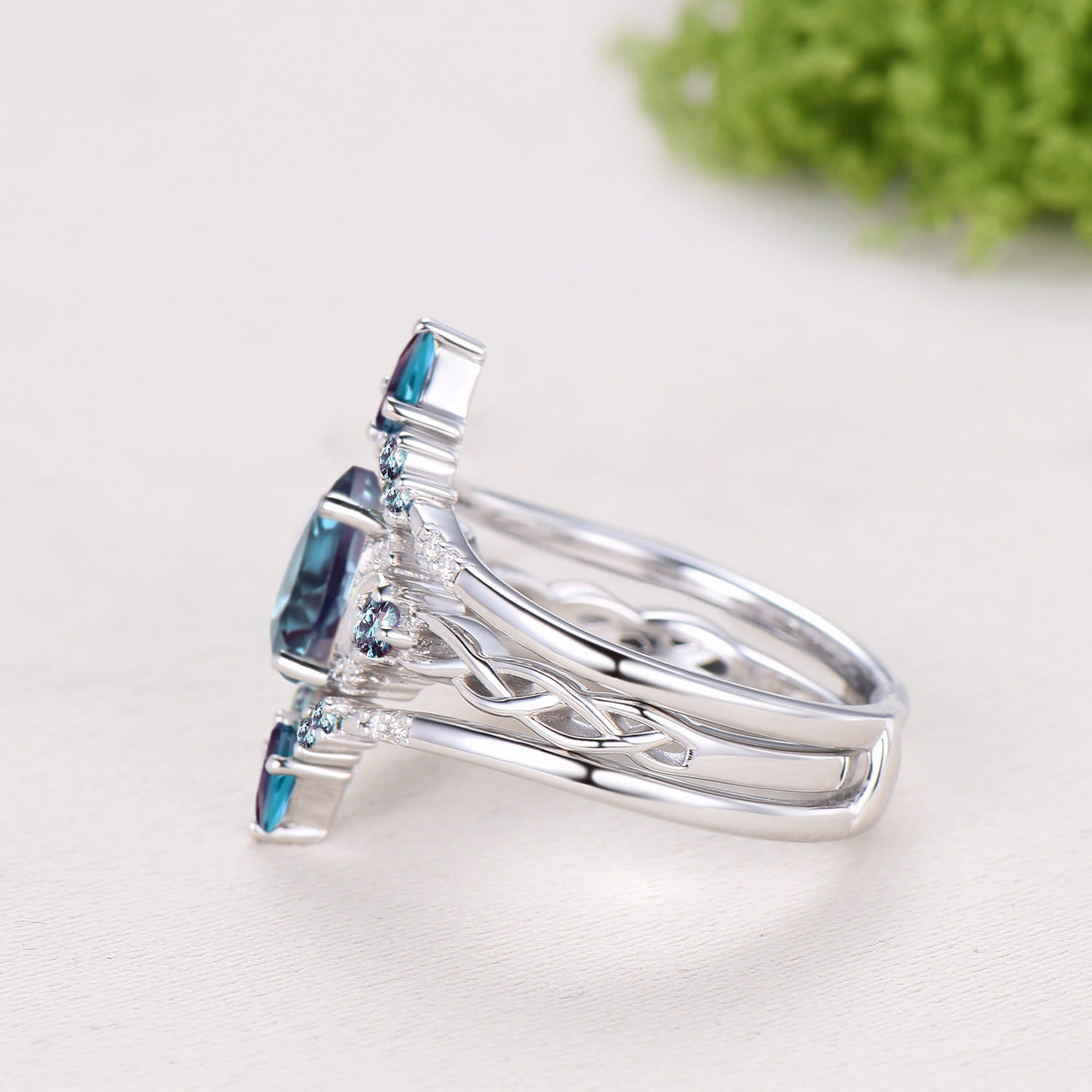 1.5CT Oval Alexandrite Engagement Ring Set Celtic Love Enhancer Band