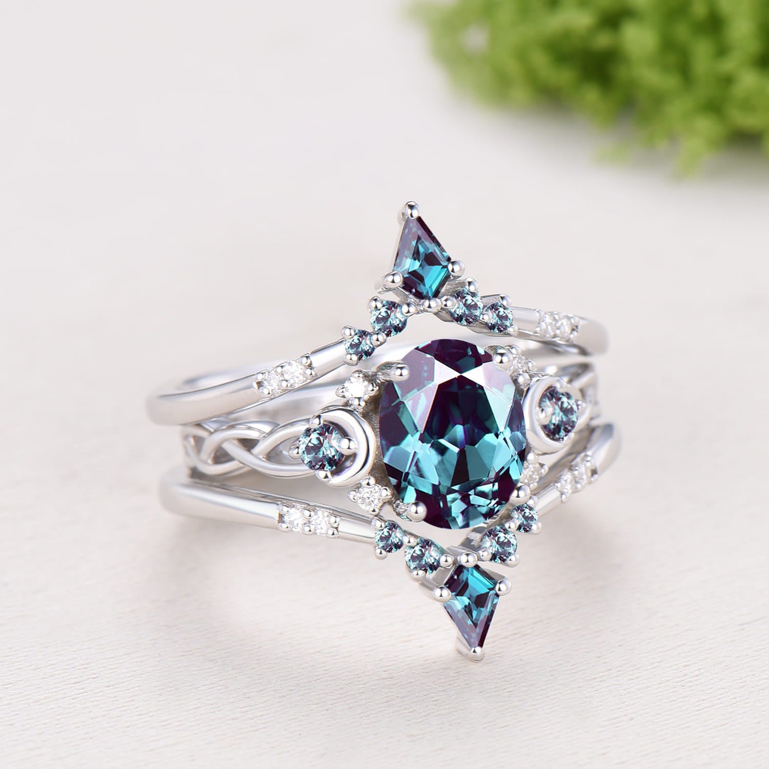 1.5CT Oval Alexandrite Engagement Ring Set Celtic Love Enhancer Band