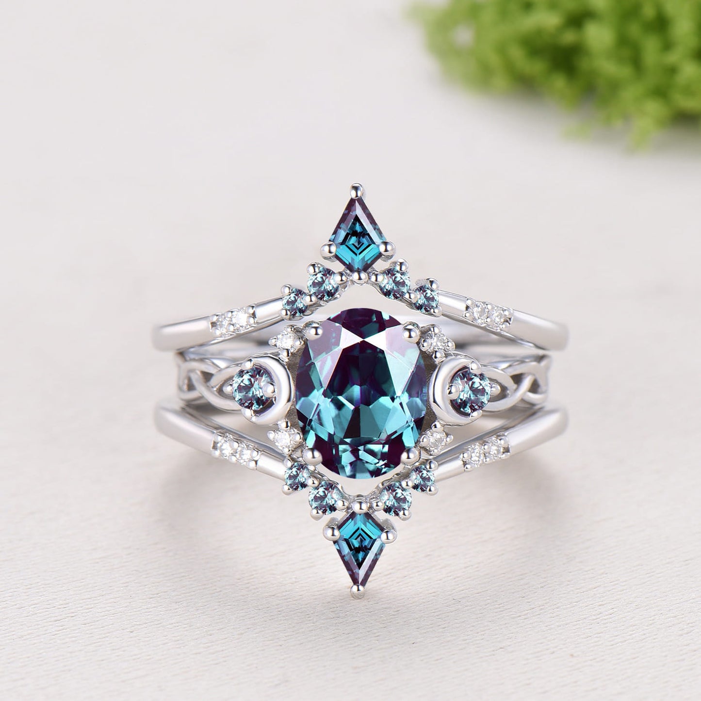 1.5CT Oval Alexandrite Engagement Ring Set Celtic Love Enhancer Band