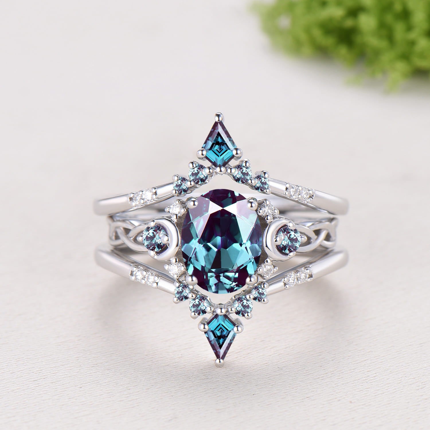 1.5CT Oval Alexandrite Engagement Ring Set Celtic Love Enhancer Band