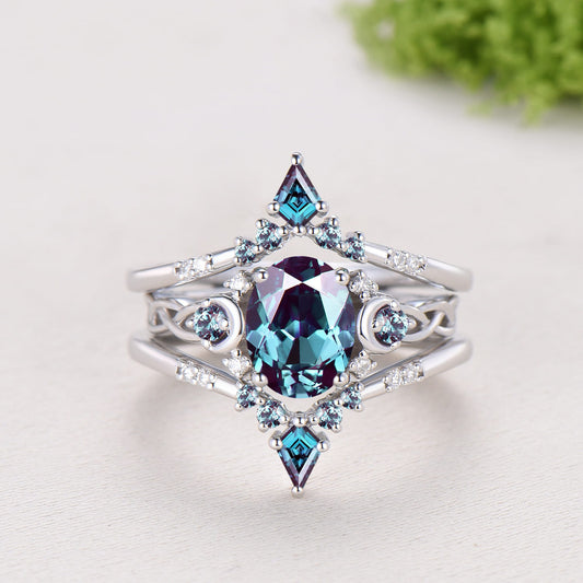 1.5CT Oval Alexandrite Engagement Ring Set Celtic Love Enhancer Band