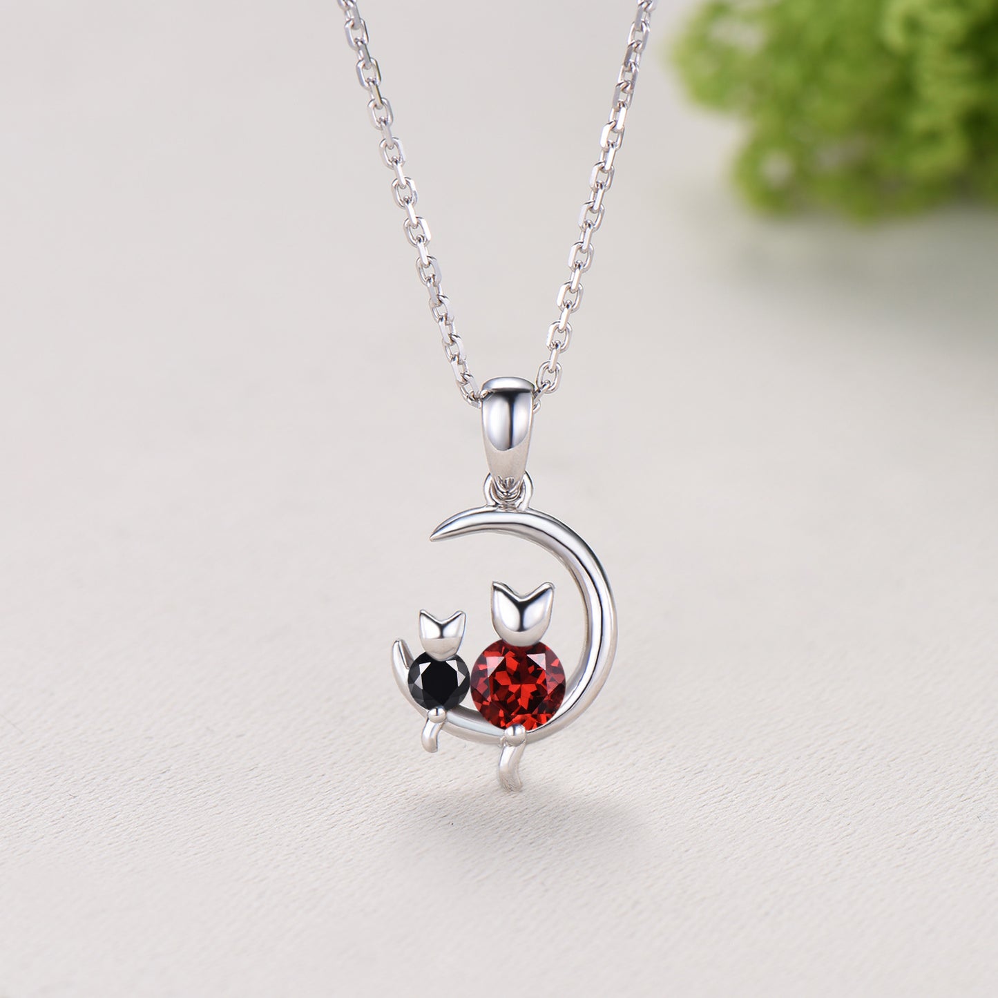 Dainty cat garnet spinel necklace cute silver white gold moon family pendant