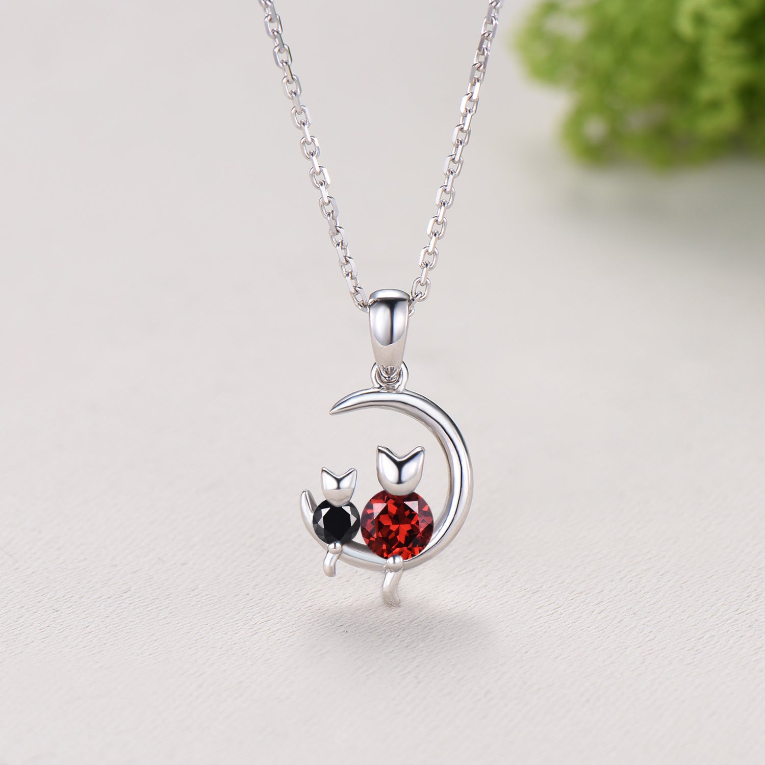 Dainty cat garnet spinel necklace cute silver white gold moon family pendant