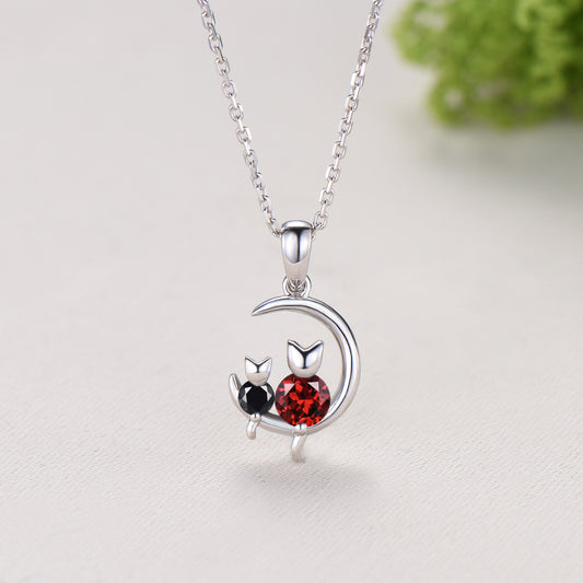 Dainty cat garnet spinel necklace cute silver white gold moon family pendant