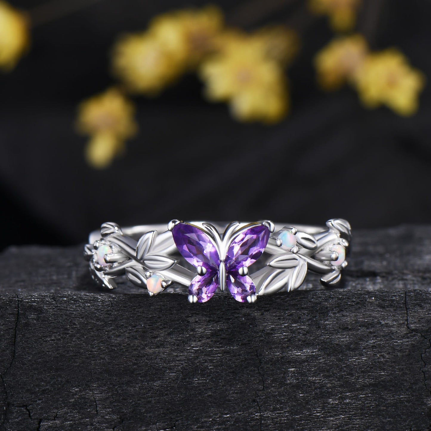 Nature inspired amethyst engagement ring set Twig leaf vine butterfly wedding set rose gold opal moissanite stacking bridal ring set women