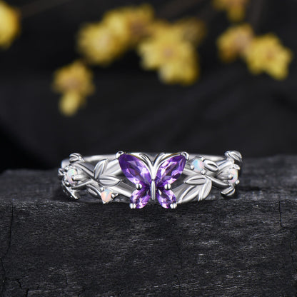 Nature inspired amethyst engagement ring set Twig leaf vine butterfly wedding set rose gold opal moissanite stacking bridal ring set women