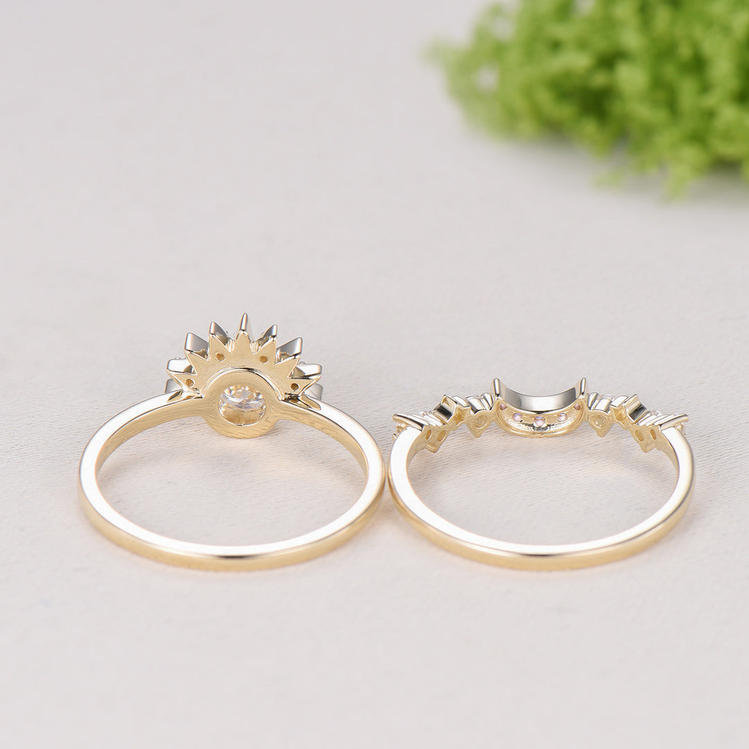Unique 0.5 Carat Moissanite Ring Crescent Moon Moissanite Engagement Ring Set Sun And Moon Wedding Ring Art Deco Star Bridal Ring Set Women