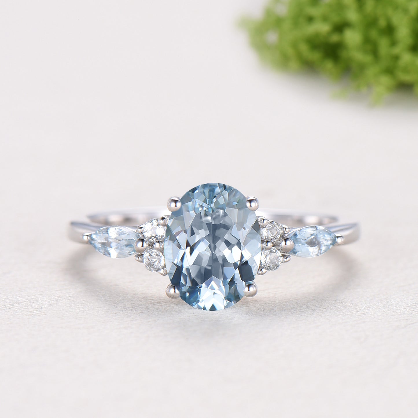 Vintage Oval Aquamarine Engagement Ring Set Leaf Bine Aquamarine Wedding Ring March Birthstone Double Curved Moon Opal Twig Bridal Set women