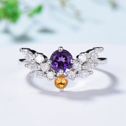 Vintage Amethyst Citrine Engagement Ring For Women Unique angel wing marquise moissanite wedding ring art deco dainty anniversary gift - PENFINE