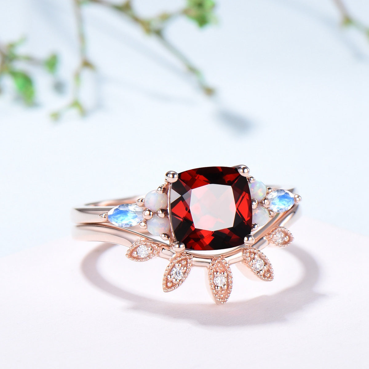 Vintage Garnet Ring For Women Cushion Garnet Engagement Ring Set Unique Opal Moonstone Wedding Ring Curved Moissanite Band Anniversary Gift - PENFINE