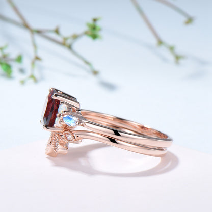 Vintage Garnet Ring For Women Cushion Garnet Engagement Ring Set Unique Opal Moonstone Wedding Ring Curved Moissanite Band Anniversary Gift - PENFINE