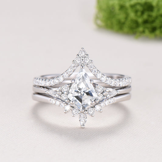 3pcs kite cut moissanite engagement ring set 14k white gold art deco diamond wedding bridal ring set