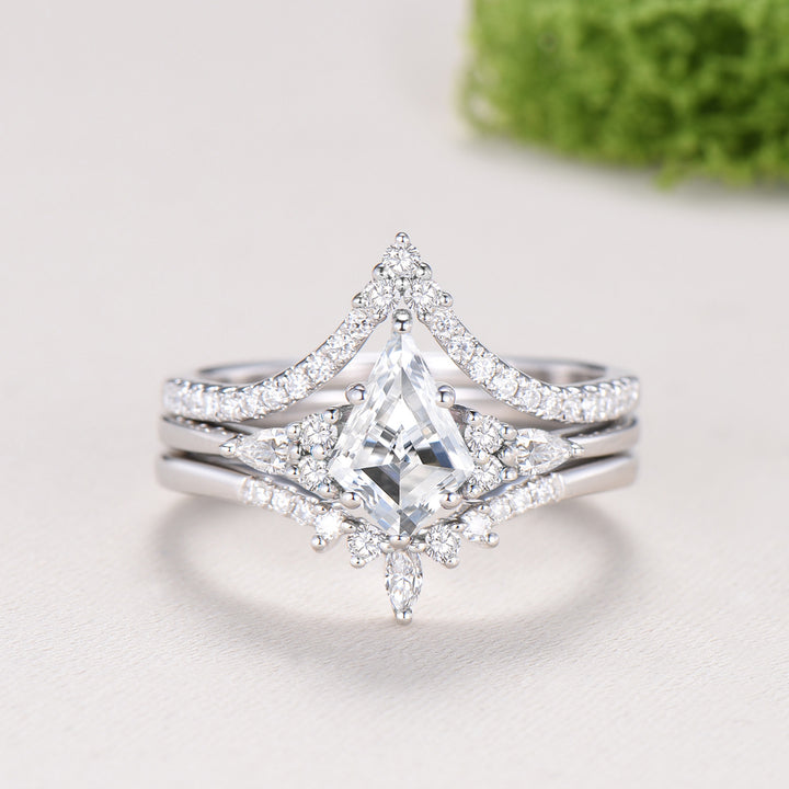 3pcs kite cut moissanite engagement ring set 14k white gold art deco diamond wedding bridal ring set