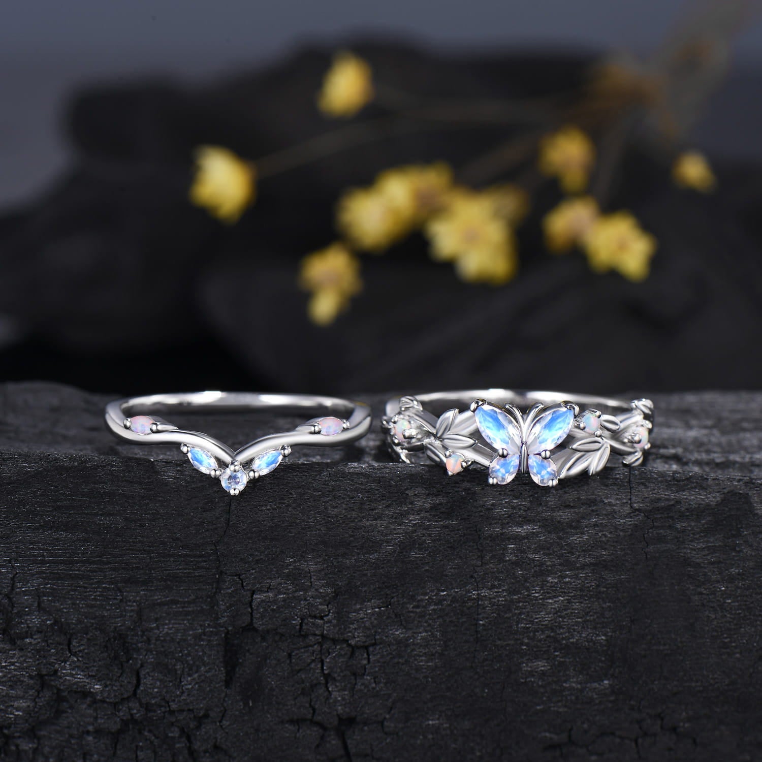 Natural Moonstone Butterfly Bridal Set White Opal Accent Leaf Engagement Ring