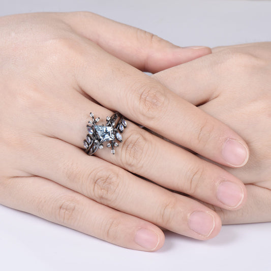 Gothic Aquamarine ring set Unique 7x10mm kite cut aquamarine engagement ring set black gold marquise moonstone nature inspired wedding set