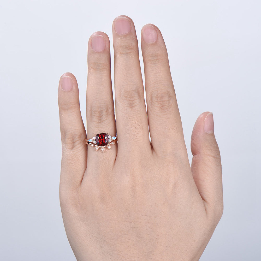 Vintage Garnet Ring For Women Cushion Garnet Engagement Ring Set Unique Opal Moonstone Wedding Ring Curved Moissanite Band Anniversary Gift - PENFINE
