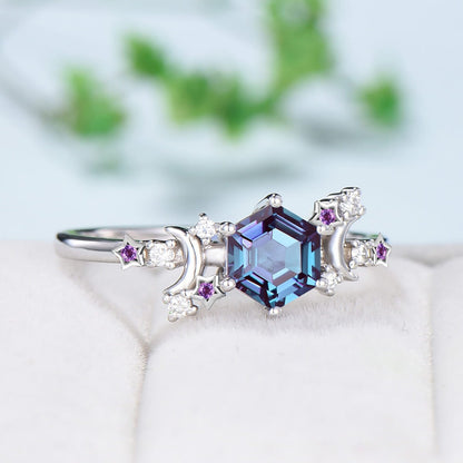 Vintage alexandrite engagement ring crescent moon hexagon cut color change  promise ring Unique cluster star amethyst anniversary ring Women - PENFINE
