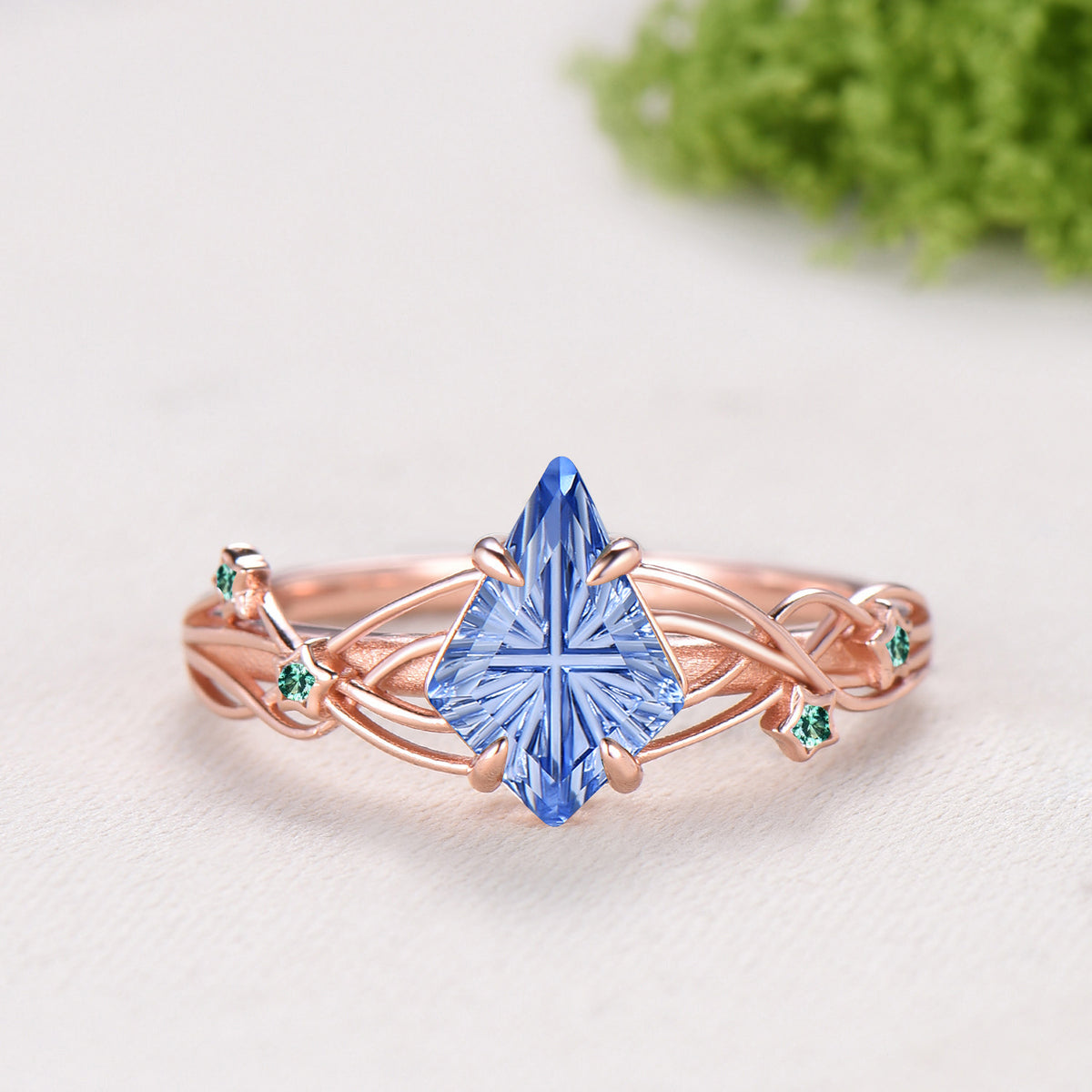 Kite Shaped Fantasy Cut Cornflower Blue Sapphire Twisted Ring Set Amethyst Emerald Enhancer Band