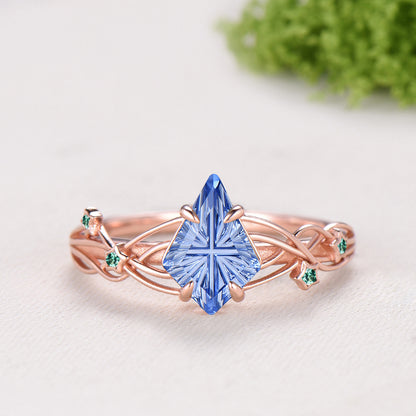 Kite Shaped Fantasy Cut Cornflower Blue Sapphire Twisted Ring Set Amethyst Emerald Enhancer Band