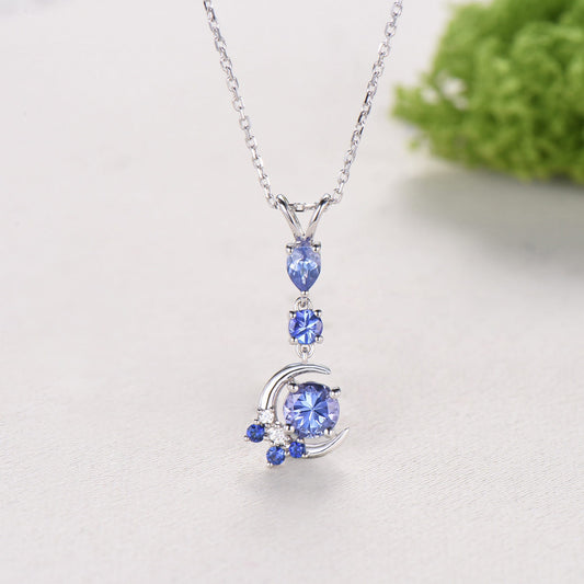 Unique Crescent Moon Tanzanite Necklace Elegant Cluster Sapphire Pendant Necklace 14k/18k White gold silver necklace promise gift for women