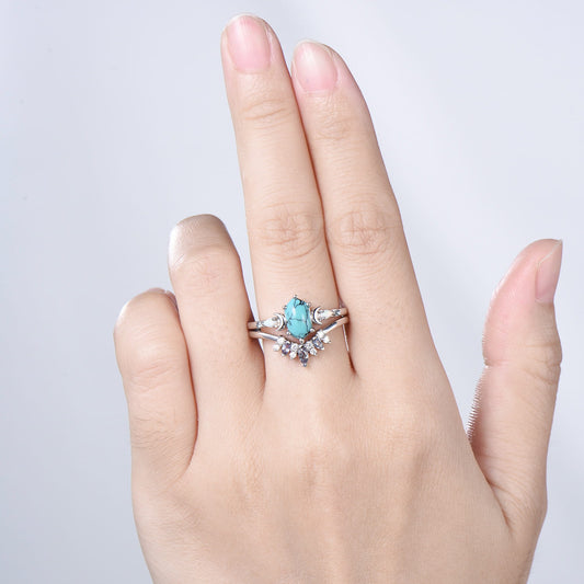 Vintage long hexagon turquoise engagement ring set unique five stone pear White opal art deco alexandrite wedding ring set anniversary gift