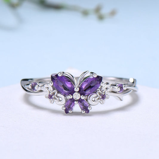 Vintage Butterfly Amethyst Engagement Ring Unique marquise cut purple amethyst silver white gold flower promise ring anniversary gift women - PENFINE