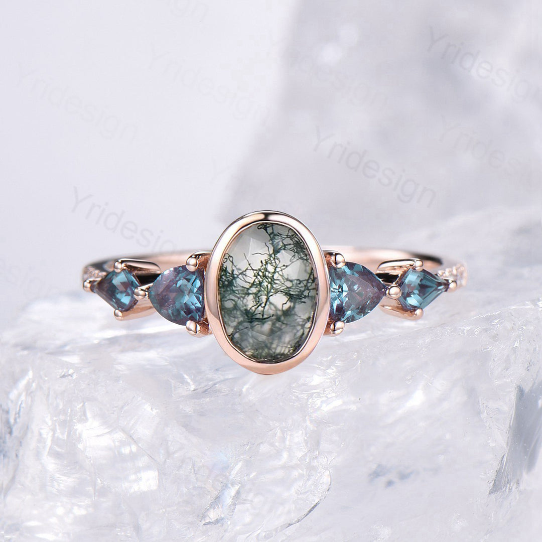 Vintage Bezel Set Oval Moss Agate Engagement Ring | Five Stone Alexandrite Accents - PENFINE