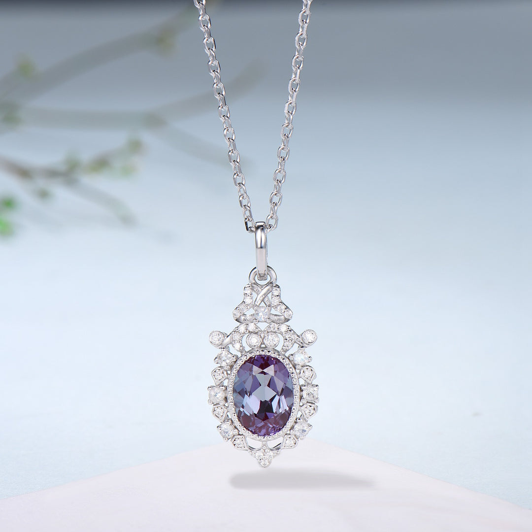 Vintage Alexandrite Moonstone Pendant Necklace Unique Retro Alexandrite Necklace Floral Flower Pendant June Birthstone Anniversary gift - PENFINE