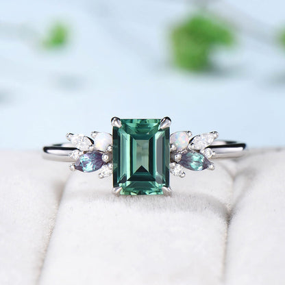 Unique Green Sapphire Engagement Ring Rose Gold Alternative Alexandrite Opal Wedding Ring For Women Vintage Teal Lab Sapphire Promise Ring - PENFINE