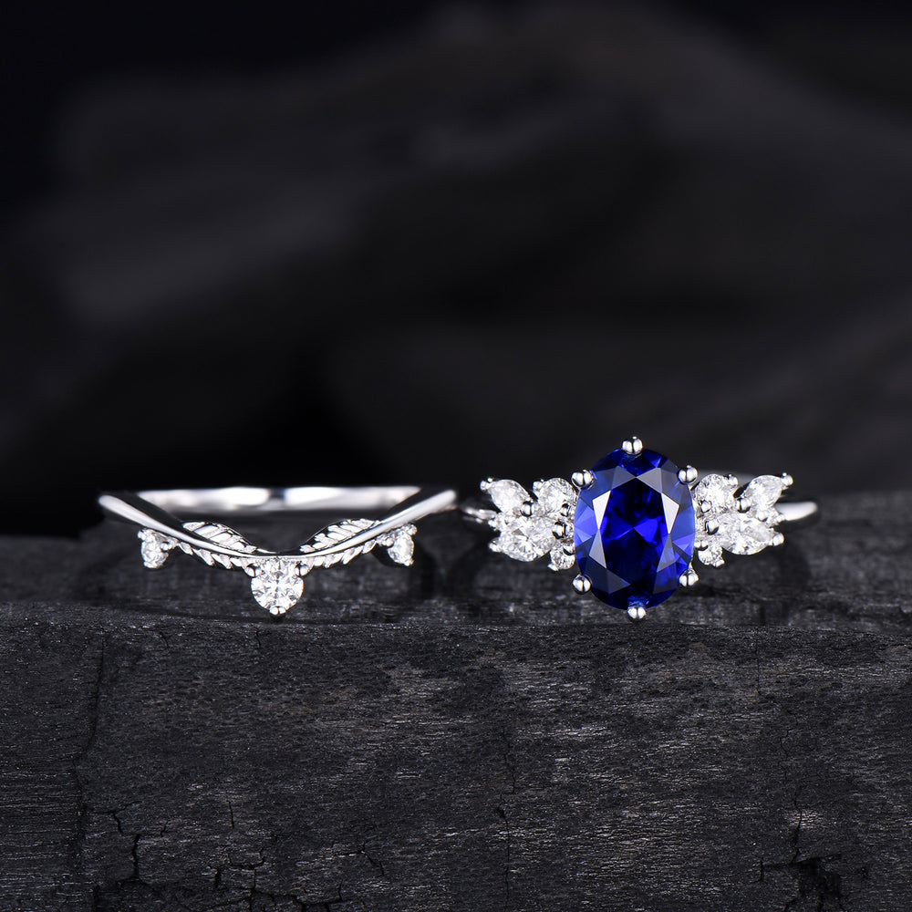 Oval Sapphire Wedding Ring Set Rose Gold Sapphire Diamond Engagement Ring Set Vintage Leaf Stacking Ring Natural Inspired Promise Ring - PENFINE