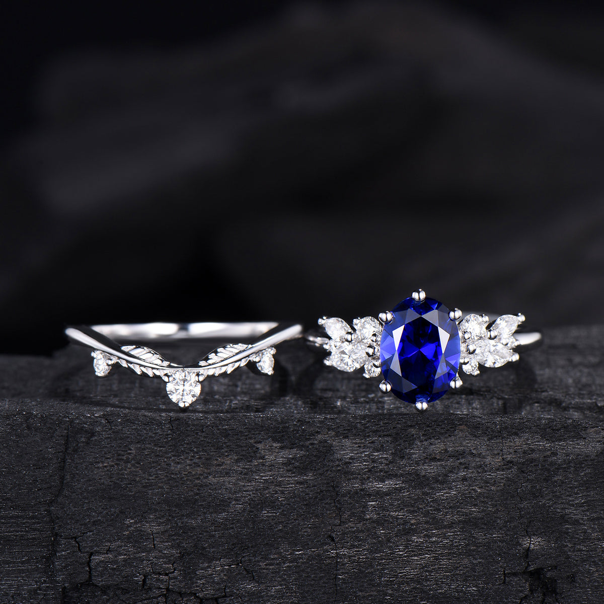 Oval Sapphire Wedding Ring Set Rose Gold Sapphire Diamond Engagement Ring Set Vintage Leaf Stacking Ring Natural Inspired Promise Ring - PENFINE
