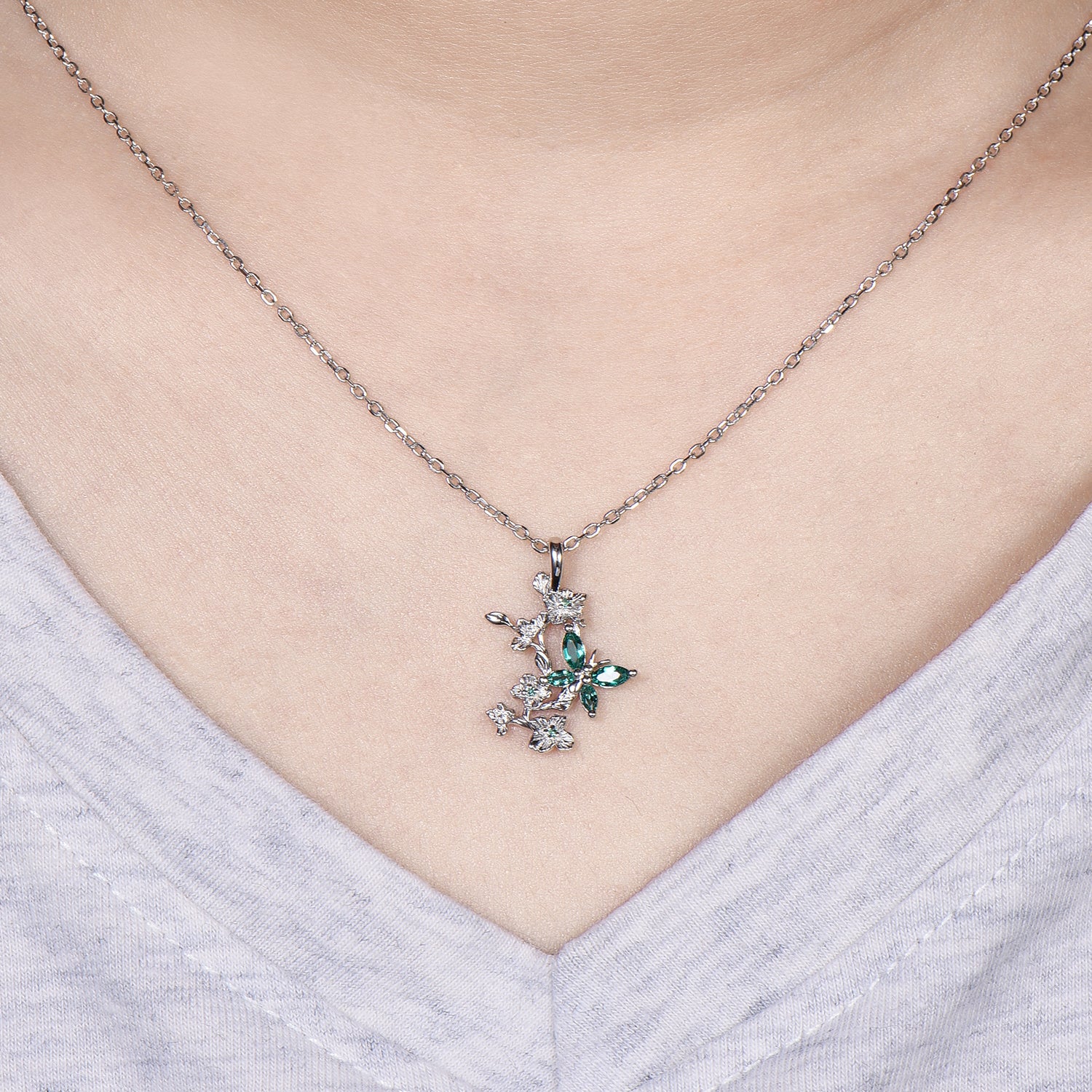 Emerald Green Crystal Butterfly Necklace, Floral Branch Pendant - PENFINE