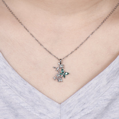 Emerald Green Crystal Butterfly Necklace, Floral Branch Pendant - PENFINE