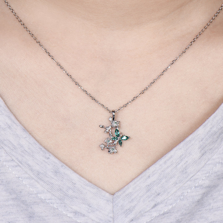 Emerald Green Crystal Butterfly Necklace, Floral Branch Pendant - PENFINE