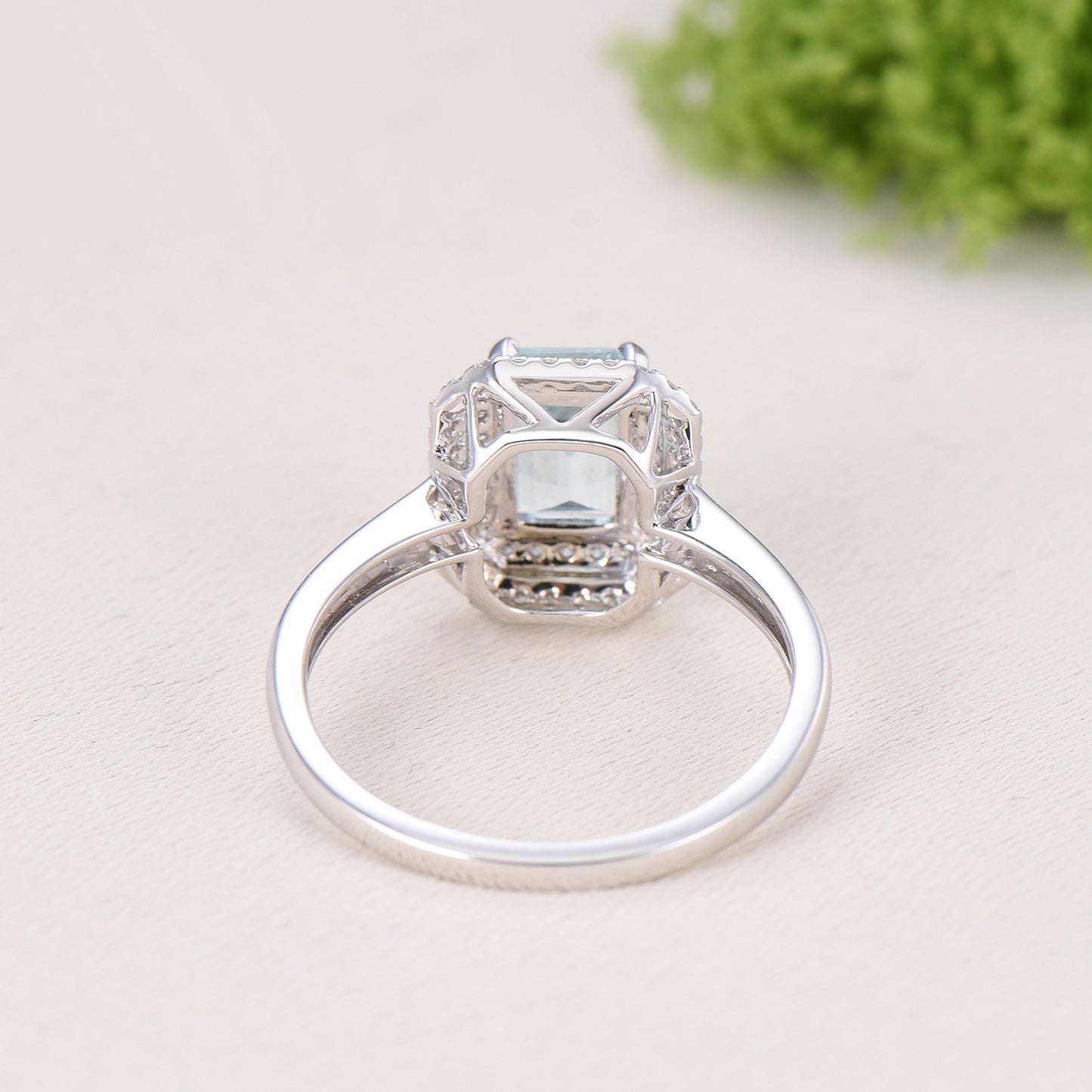 Double Halo Diamond Emerald Cut Aquamarine Bridal Ring Set, Plain Gold Wedding Band