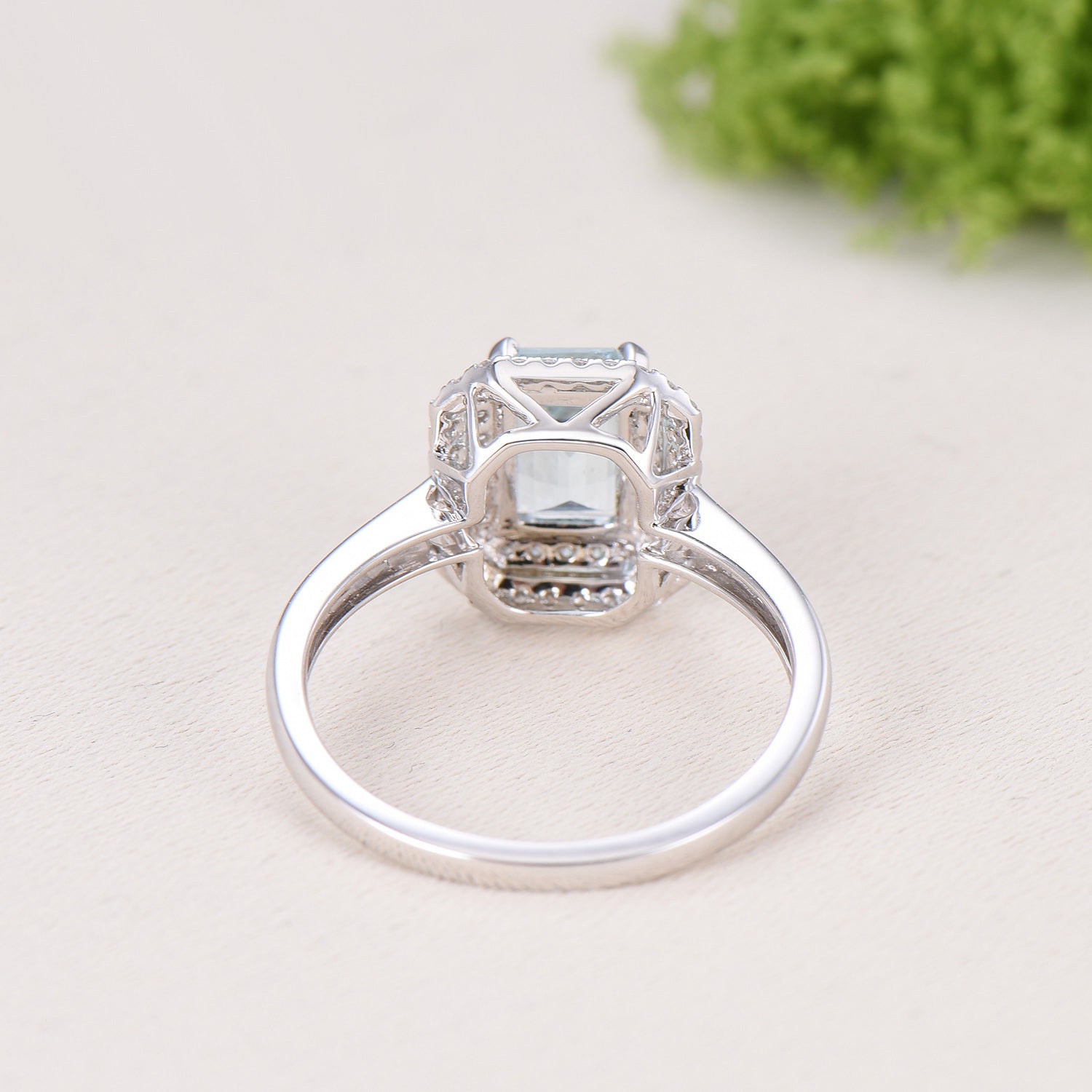 Double Halo Diamond Emerald Cut Aquamarine Bridal Ring Set, Plain Gold Wedding Band