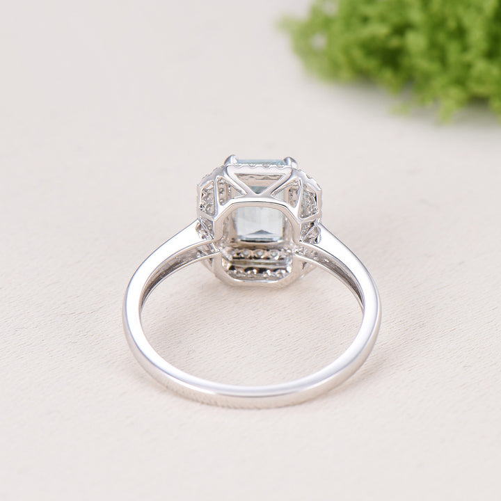 Double Halo Diamond Emerald Cut Aquamarine Bridal Ring Set, Plain Gold Wedding Band