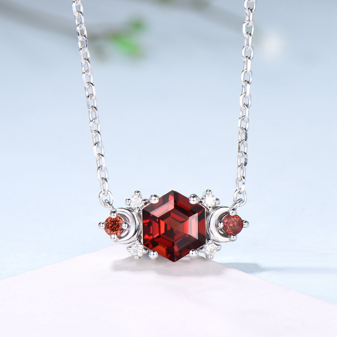 Vintage hexagon garnet pendant necklace cluster moissanite moon pendant necklace 14k/18k rose gold garnet necklace promise gift for women - PENFINE