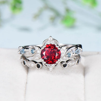 Crescent Moon Ruby Engagement Ring Set Unique Nature Inspired Swiss Topaz Wedding Ring Open Gap Black Spinel Stacking Bridal Ring Set Women - PENFINE